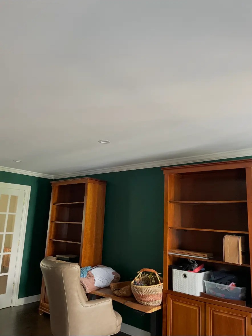 Library room with green accent wall and wooden bookcases